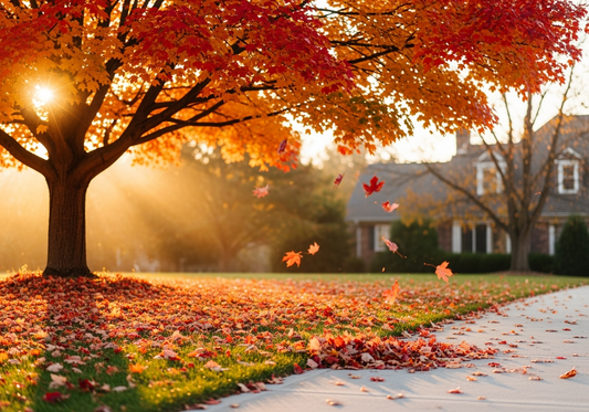 A fall morning where golden leaves are falling from a tree in front of a house