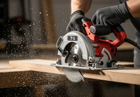 Close-up side view of a red and black circular saw, styled like a Milwaukee or DeWalt, actively cutting through a wooden board with sawdust flying. The worker’s gloved hands are guiding the saw in a professional workshop setting.