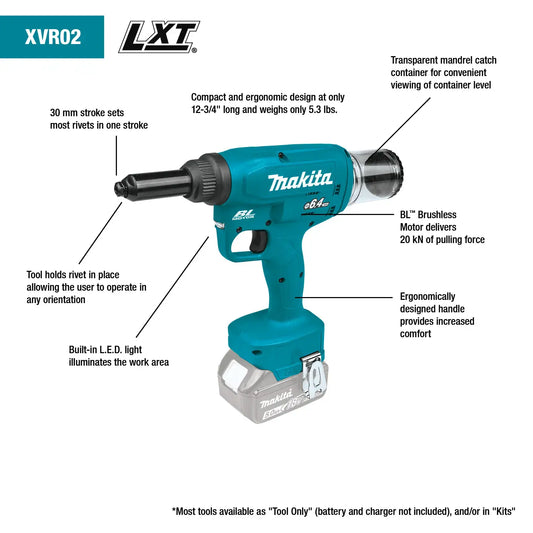 Makita 18V LXT® Brushless Cordless Rivet Tool Kit (XVR02T)