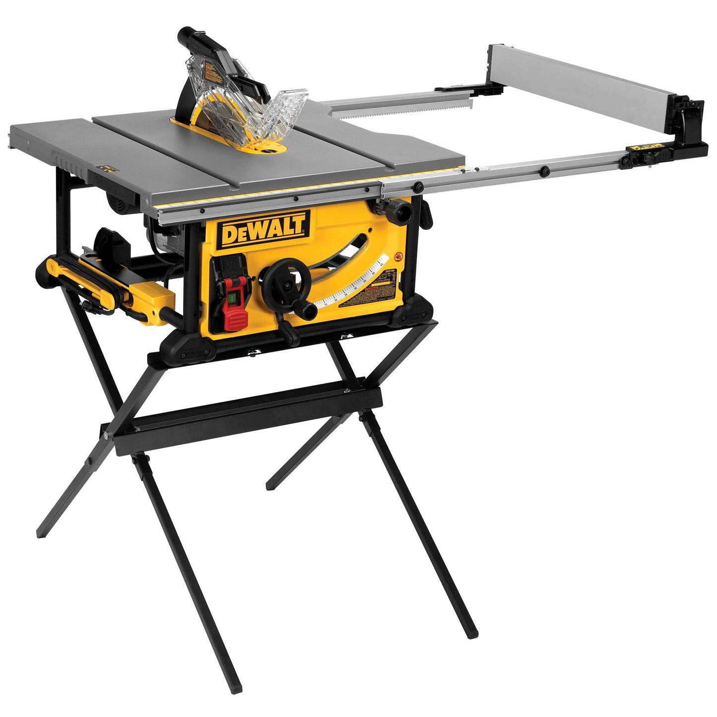A cordless black and yellow table saw