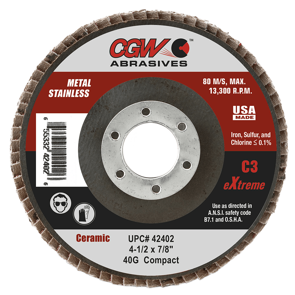 CGW 42404 4-1/2" X 7/8" Type 27 60-Grit C3 Ceramic Flap Disc CGW