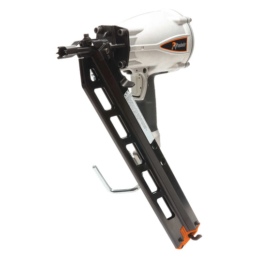 Pneumatic nail gun with a white and black design on a white background