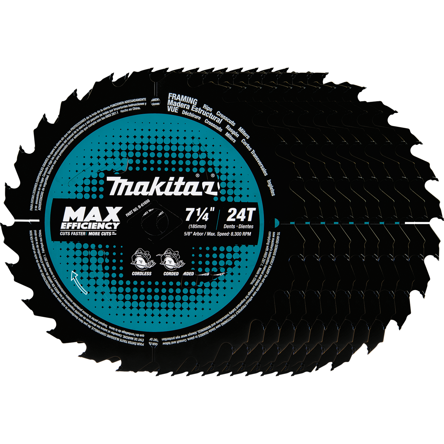MAKITA 7‑1/4" 24T Carbide‑Tipped Max Efficiency Circular Saw Blade, Framing, 10/pk (B-61656-10) Makita Products
