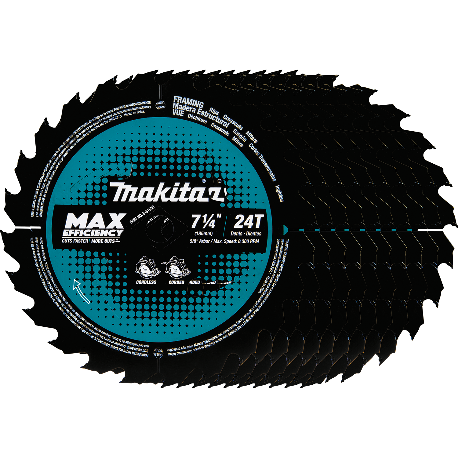 MAKITA 7‑1/4" 24T Carbide‑Tipped Max Efficiency Circular Saw Blade, Framing, 10/pk (B-61656-10) Makita Products