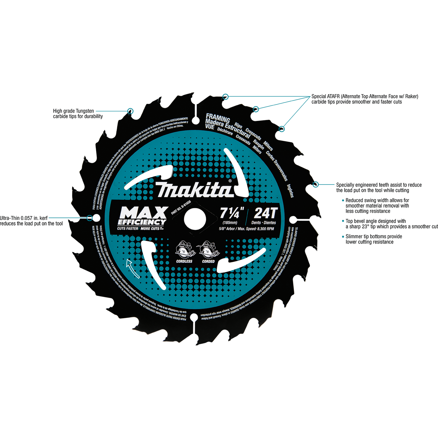MAKITA 7‑1/4" 24T Carbide‑Tipped Max Efficiency Circular Saw Blade, Framing, 10/pk (B-61656-10)