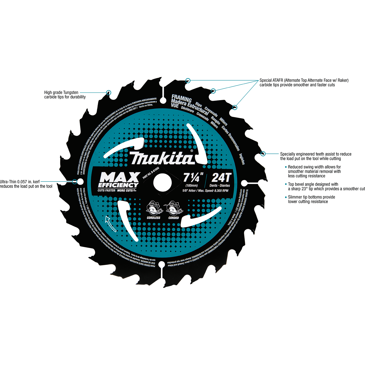 MAKITA 7‑1/4" 24T Carbide‑Tipped Max Efficiency Circular Saw Blade, Framing, 10/pk (B-61656-10) Makita Products
