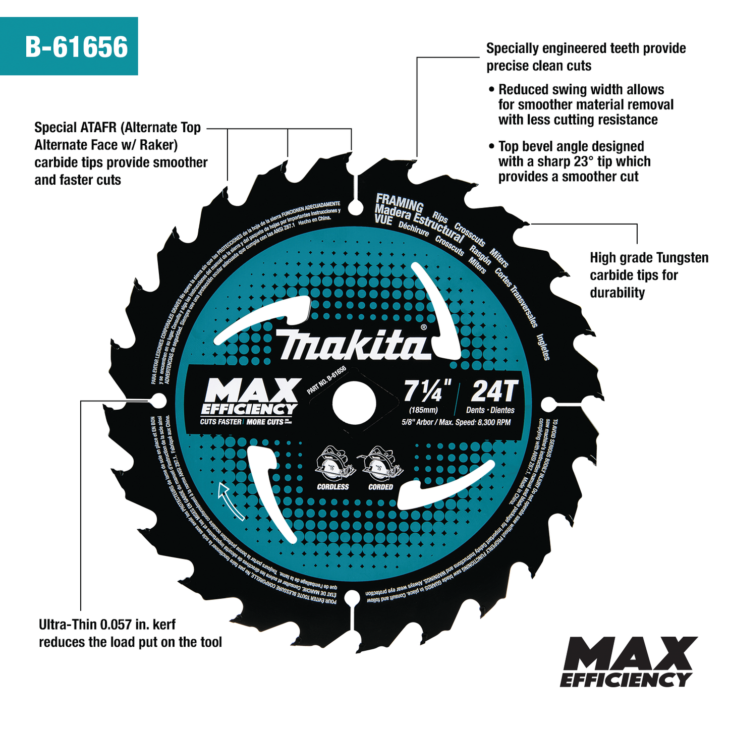 MAKITA 7‑1/4" 24T Carbide‑Tipped Max Efficiency Circular Saw Blade, Framing, 10/pk (B-61656-10) Makita Products