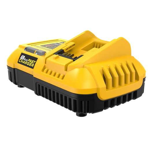 Yellow and black battery charger on a white background