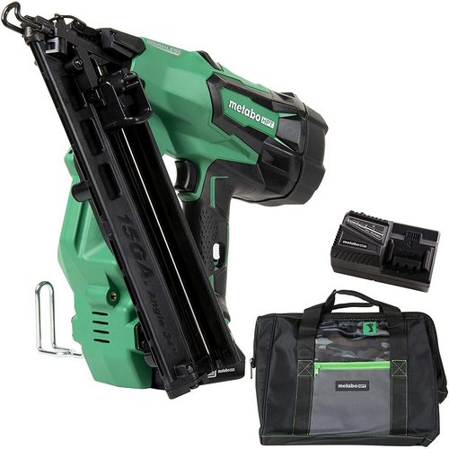 A green and black finish nailer with battery charger and bag