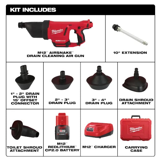 Milwaukee M12 AIRSNAKE Drain Cleaning Air Gun Kit