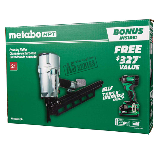 Metabo HPT Pro Bundle 3-1/4 Inch 21 Deg Plastic Collated Framing Nailer with BONUS Impact Driver Kit KNR83A5(S)M Metabo