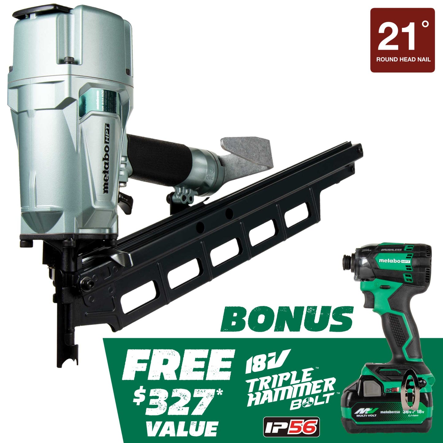 Metabo HPT Pro Bundle 3-1/4 Inch 21 Deg Plastic Collated Framing Nailer with BONUS Impact Driver Kit KNR83A5(S)M