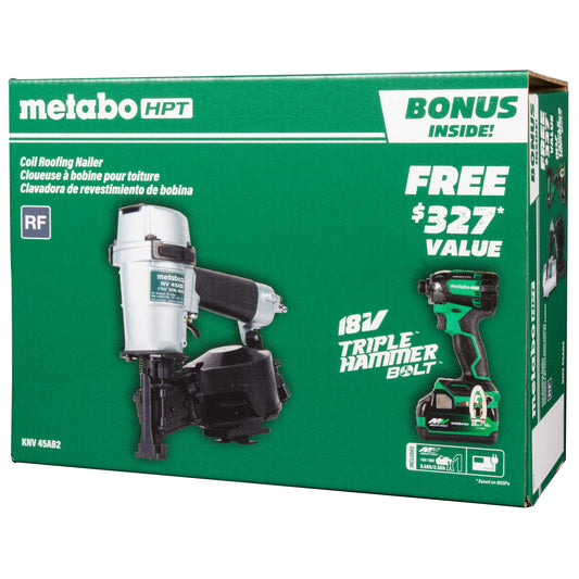 KNV45AB2-Pro Bundle 1-3/4 Inch Coil Roofing Nailer with BONUS Impact Driver Kit Metabo