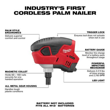 Milwaukee M12 Cordless Lithium-Ion Palm Nailer (Bare Tool) Milwaukee Tools