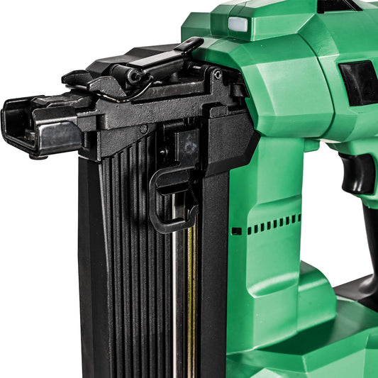 Green nail gun with black component on a white background