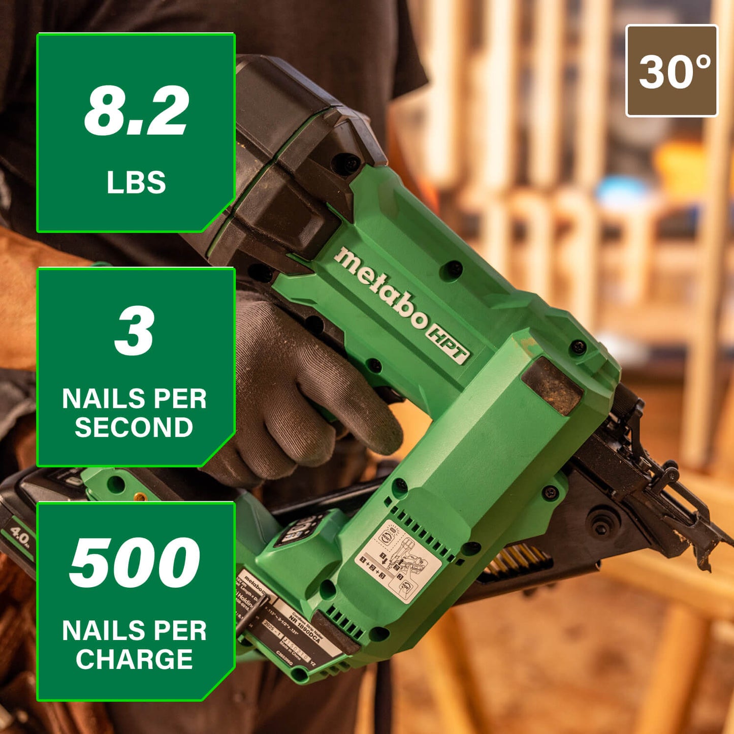 Green nail gun held by a person with performance specifications displayed on a blurred background