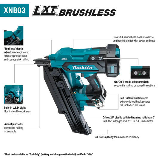 18V LXT® Lithium‑Ion Cordless 21º Full Round Head 3‑1/2" Framing Nailer XNB03Z, Tool Only XNB03Z