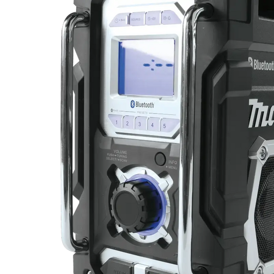 Close-up of a radio with Bluetooth control panel on a white background