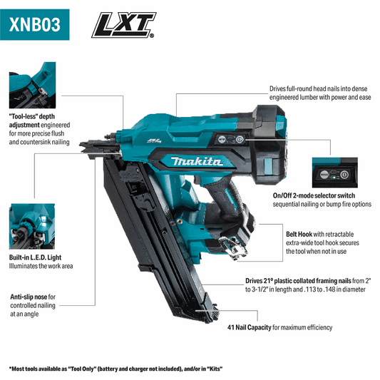 18V LXT® Lithium‑Ion Cordless 21º Full Round Head 3‑1/2" Framing Nailer XNB03Z, Tool Only Makita Products