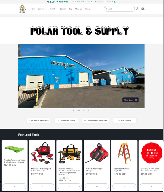 A sample picture of our new website where it shows the logo and our featured products.