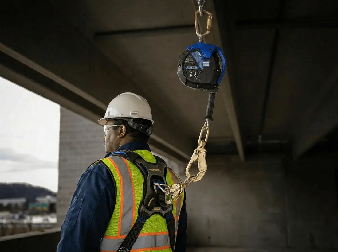 A man with a safety tether on while near the edge of a ledge