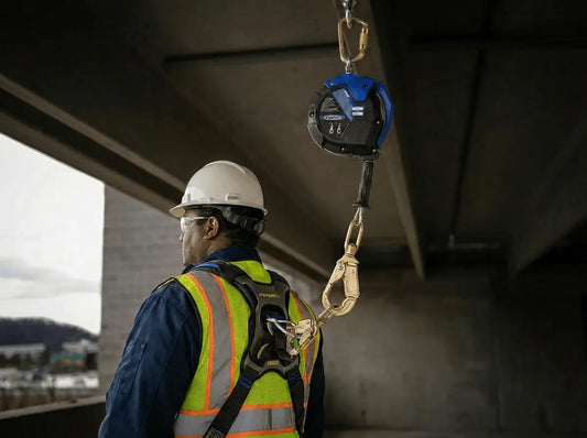 A man with a safety tether on while near the edge of a ledge