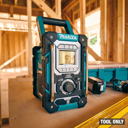 Makita tool on a workbench with wooden beams in the background