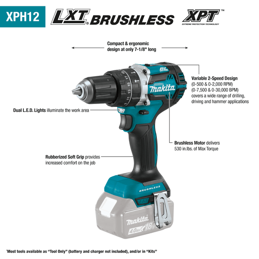 Makita 18V LXT® Lithium‑Ion Compact Brushless Cordless 1/2" Hammer Driver‑Drill, Tool Only XPH12Z