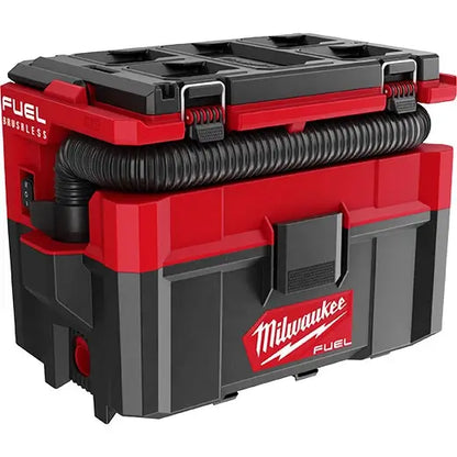 Red and black Milwaukee tool box with hose attachment on a white background