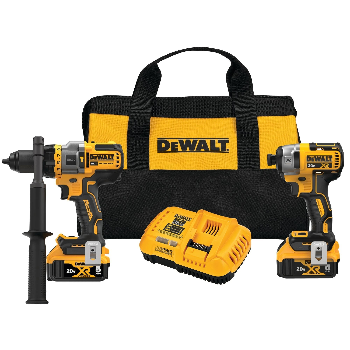 DeWalt power tool set with drill, impact driver, battery, and bag on a white background