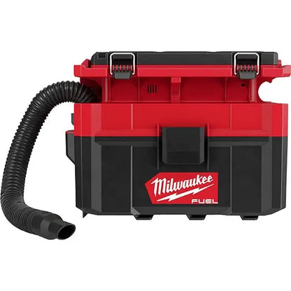 Red and black Milwaukee tool box with a hose on a white background
