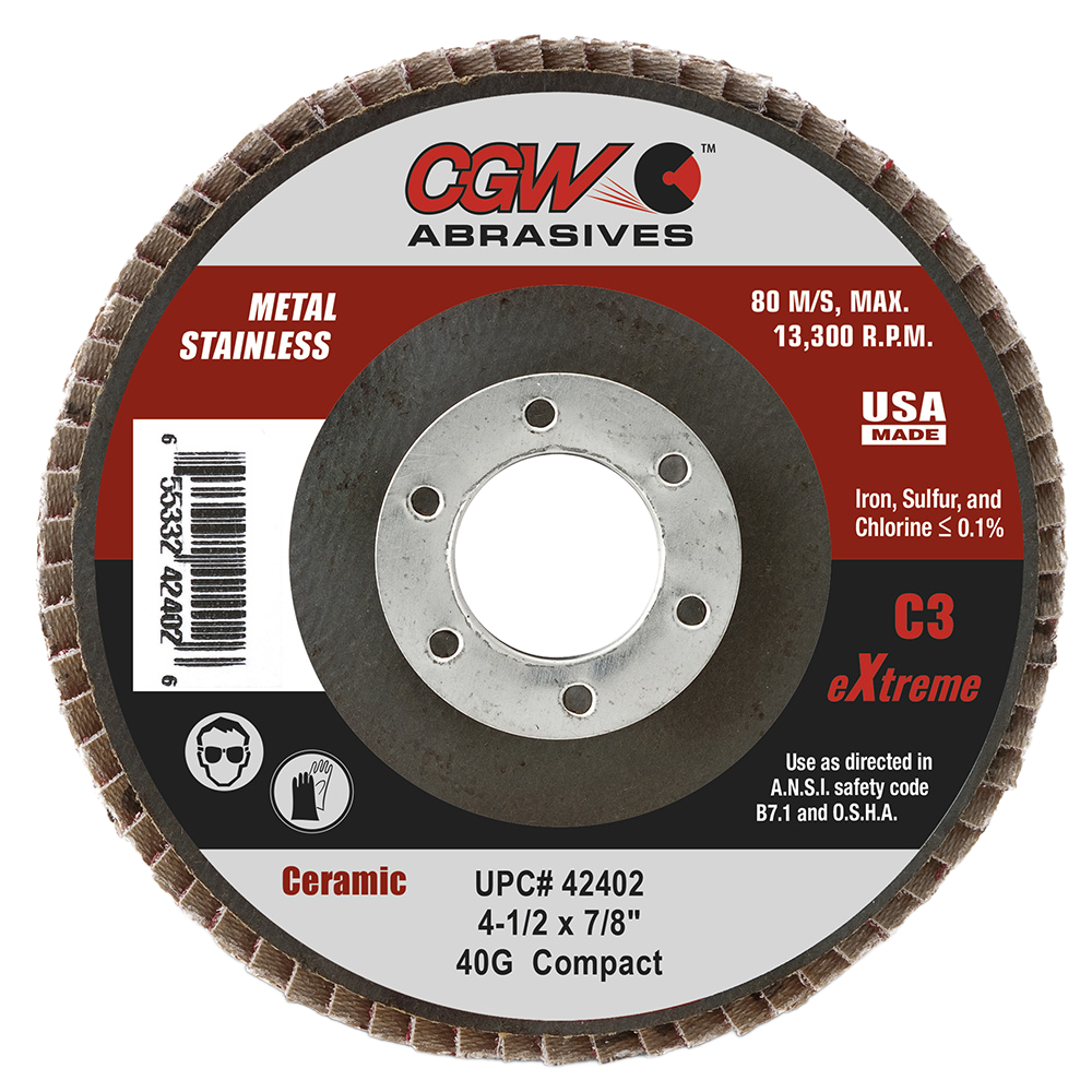 CGW 42404 4-1/2" X 7/8" Type 27 60-Grit C3 Ceramic Flap Disc CGW