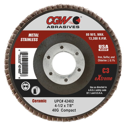 CGW 42404 4-1/2" X 7/8" Type 27 60-Grit C3 Ceramic Flap Disc CGW