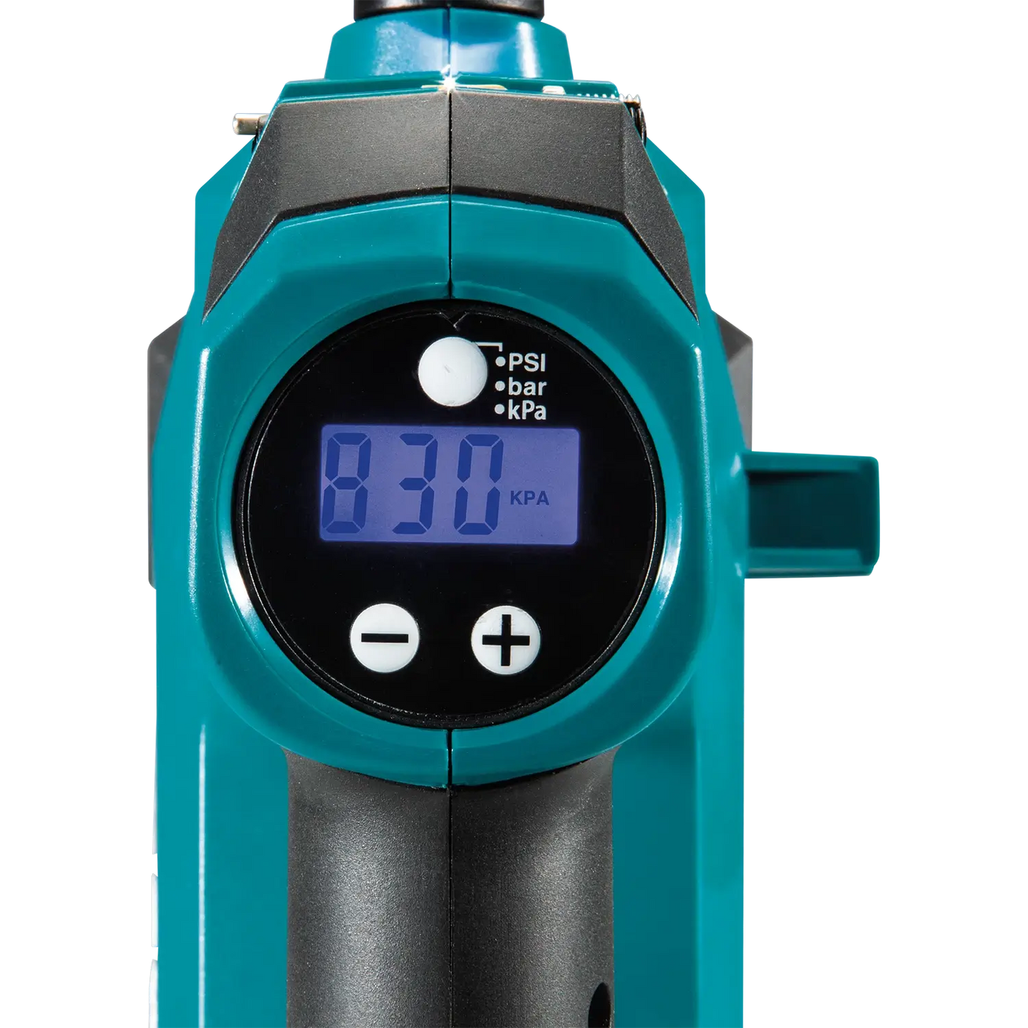 Teal digital tire inflator with a digital display on a white background