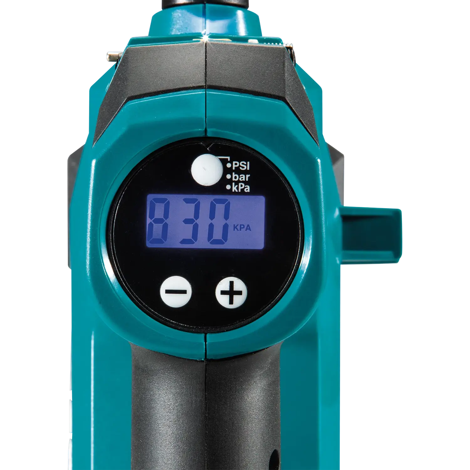 Teal digital tire inflator with a digital display on a white background