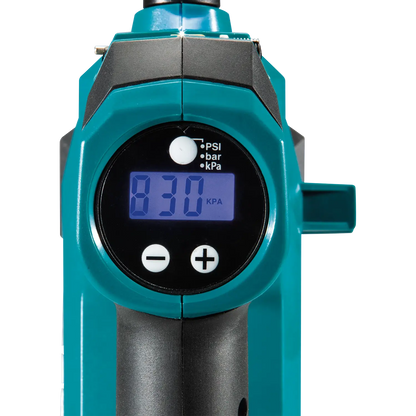 Teal digital tire inflator with a digital display on a white background