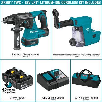 Makita 18V LXT® Lithium‑Ion Brushless Cordless 1" Rotary Hammer Kit, accepts SDS‑PLUS bits, w/ HEPA Dust Extractor Attachment (5.0Ah) XRH011TWX