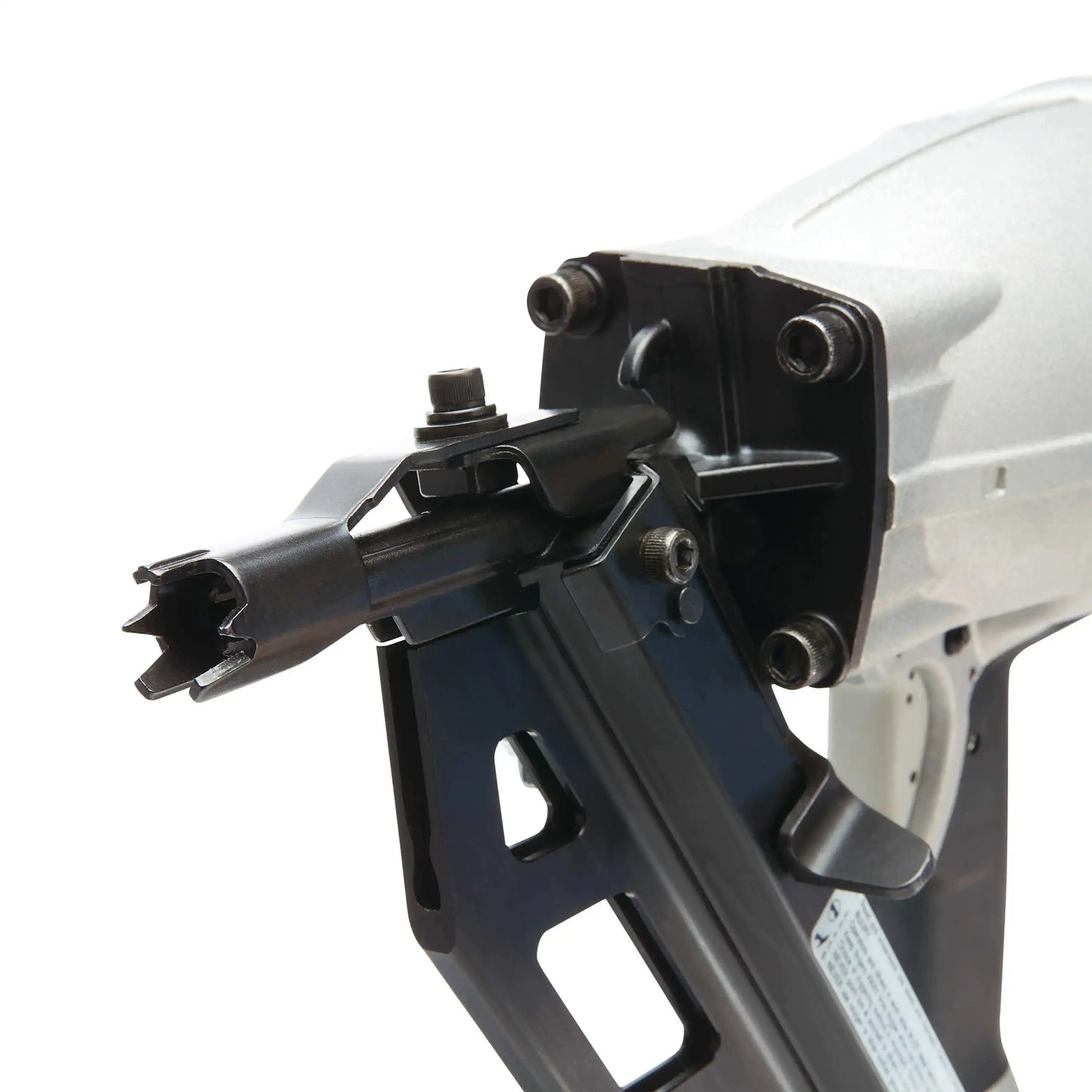 Close-up of a nail gun with a white background