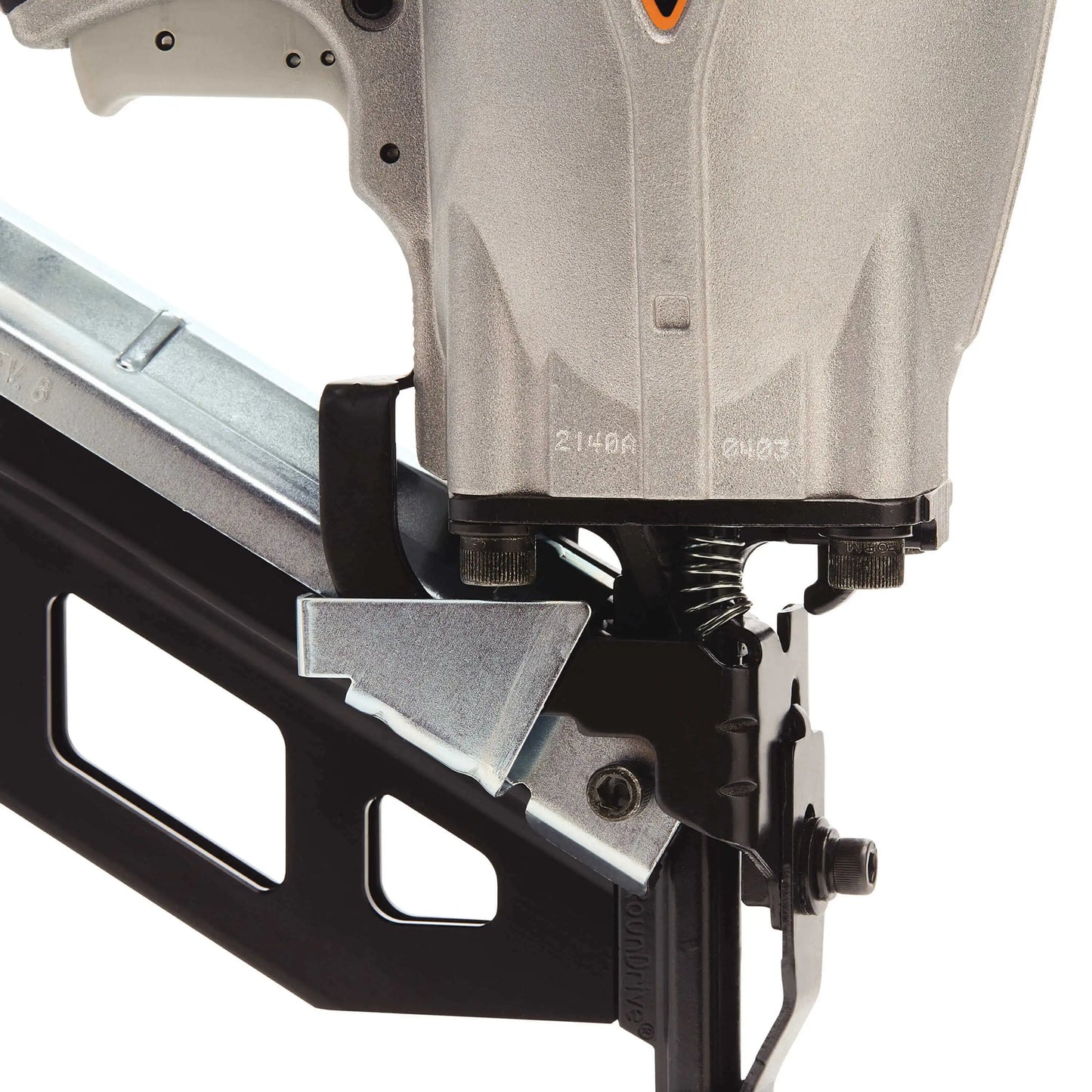 Close-up of a nail gun on a white background