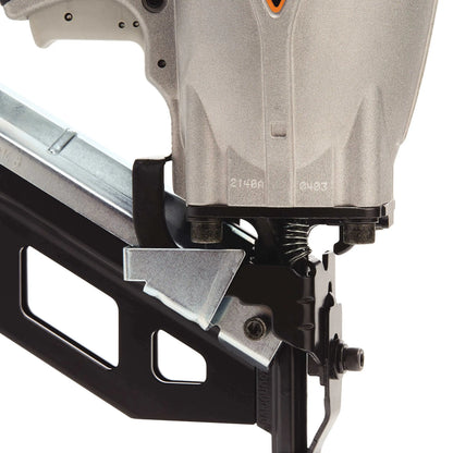 Close-up of a nail gun on a white background