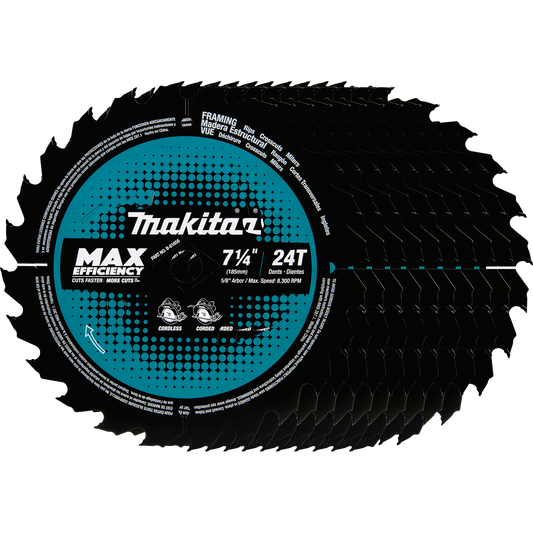 MAKITA 7‑1/4" 24T Carbide‑Tipped Max Efficiency Circular Saw Blade, Framing, 10/pk (B-61656-10)