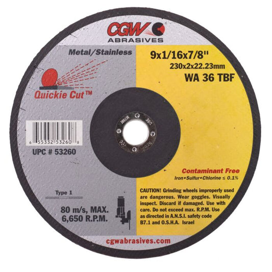 CGW 53260 9" X 1/16" X 7/8" Type 1 36-Grit White Aluminum Oxide Cutting Wheel CGW