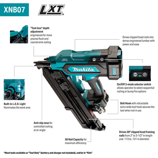 Makita Lithium-Ion 18V LXT BL 30 Degree Clipped Head 3-1/2" Framing Nailer, Tool Only (XNB07Z)