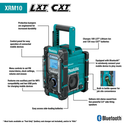 Makita radio with features highlighted on a white background