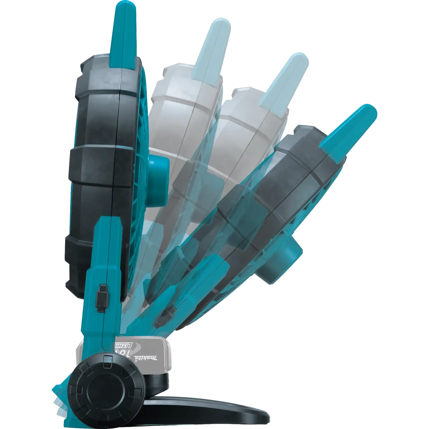 Teal and gray power tool on a white background