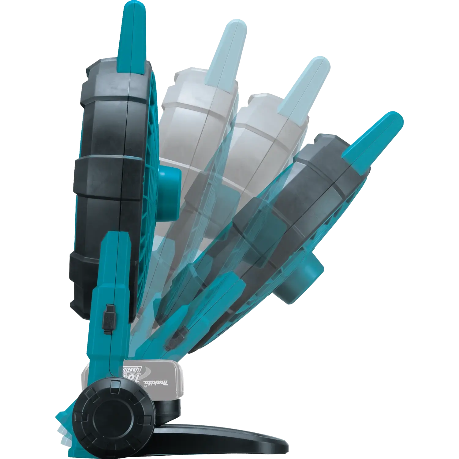 Teal and gray power tool on a white background