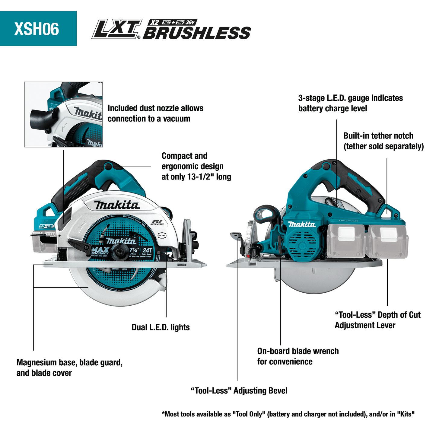 Makita 36V (18V X2) LXT® Brushless 7‑1/4” Circular Saw, Tool Only