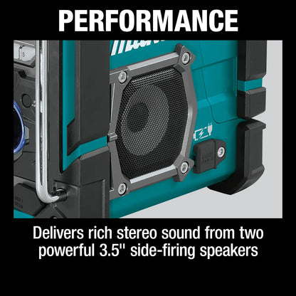 Teal and black speaker with text highlighting performance and sound features.