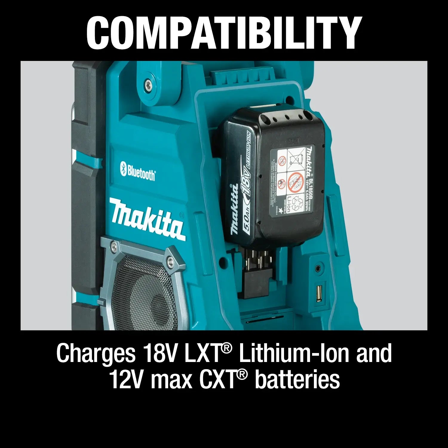 Makita battery charger with compatibility text on a gray background