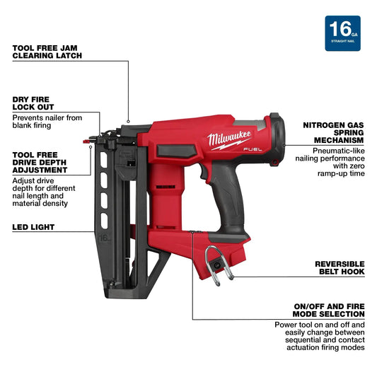 Red Milwaukee power tool with features highlighted on a white background